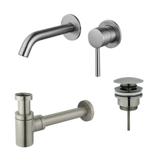 Fortifura Calvi Wastafelkraanset - inbouw wastafelkraan - klikwaste plug - verlaagde design sifon - Geborsteld RVS PVD (RVS) SW377860/SW696201/SW696217