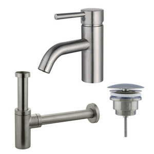 Fortifura Calvi Wastafelkraanset - lage wastafelkraan - always open plug - design sifon - Geborsteld RVS PVD (RVS) SW377856/SW696207/SW696212