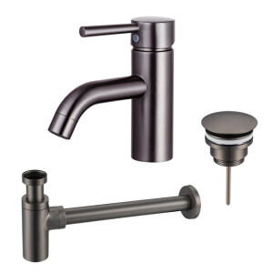 Fortifura Calvi Wastafelkraanset - lage wastafelkraan - always open plug - design sifon - Geborsteld Gunmetal PVD SW766540/SW769487/SW767297