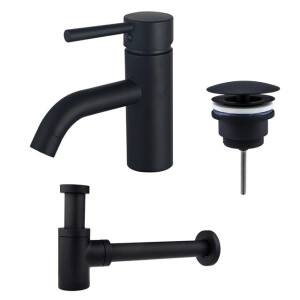 Fortifura Calvi Wastafelkraanset - lage wastafelkraan - always open plug - verlaagde design sifon - Mat zwart SW377833/SW696205/SW696215