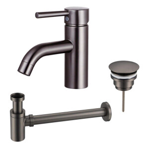 Fortifura Calvi Wastafelkraanset - lage wastafelkraan - always open plug - verlaagde design sifon - Geborsteld Gunmetal PVD SW766540/SW769487/SW767295