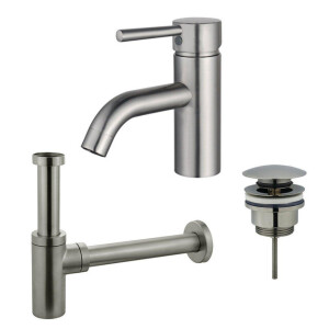 Fortifura Calvi Wastafelkraanset - lage wastafelkraan - klikwaste plug - design sifon - Geborsteld RVS PVD (RVS) SW377856/SW696201/SW696212