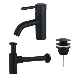 Fortifura Calvi Wastafelkraanset - lage wastafelkraan - klikwaste plug - design sifon - Mat zwart SW377833/SW696199/SW696210