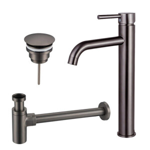 Fortifura Calvi Wastafelkraanset - verhoogde wastafelkraan - always open plug - design sifon - Geborsteld Gunmetal PVD SW766541/SW769487/SW767297