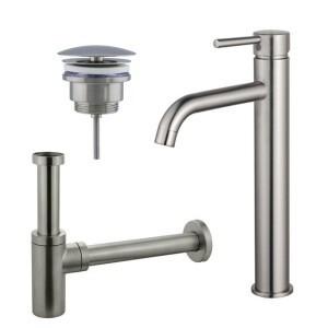 Fortifura Calvi Wastafelkraanset - verhoogde wastafelkraan - always open plug - design sifon - Geborsteld RVS PVD (RVS) SW377857/SW696207/SW696212