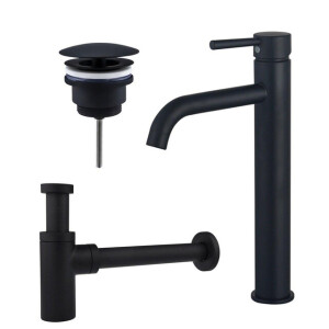 Fortifura Calvi Wastafelkraanset - verhoogde wastafelkraan - always open plug - design sifon - Mat zwart SW377834/SW696205/SW696210