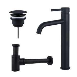 Fortifura Calvi Wastafelkraanset - verhoogde wastafelkraan - always open plug - verlaagde design sifon - Mat zwart SW377834/SW696205/SW696215