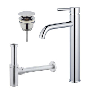 Fortifura Calvi Wastafelkraanset - verhoogde wastafelkraan - klikwaste plug - design sifon - Chroom SW377811/SW696203/SW696214