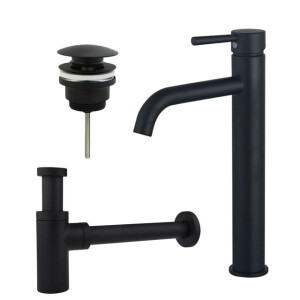 Fortifura Calvi Wastafelkraanset - verhoogde wastafelkraan - klikwaste plug - design sifon - Mat zwart SW377834/SW696199/SW696210