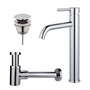 Fortifura Calvi Wastafelkraanset - verhoogde wastafelkraan - klikwaste plug - verlaagde design sifon - Chroom SW377811/SW696203/SW696219