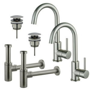 Fortifura Calvi Wastafelkraanset - voor dubbele wastafel - hoge wastafelkraan - draaibare uitloop - klikwaste plug - design sifon - Geborsteld RVS PVD (RVS) 2x SW809348/2x SW696201/2x SW696212