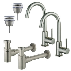 Fortifura Calvi Wastafelkraanset - voor dubbele wastafel - hoge wastafelkraan - draaibare uitloop - always open plug - verlaagde design sifon - Geborsteld RVS PVD (RVS) 2x SW809348/2x SW696207/2x SW696217