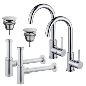 Fortifura Calvi Wastafelkraanset - voor dubbele wastafel - hoge wastafelkraan - draaibare uitloop - always open plug - design sifon - Chroom 2x SW809346/2x SW696209/2x SW696214