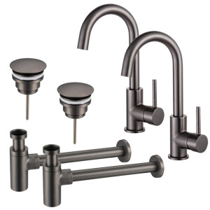 Fortifura Calvi Wastafelkraanset - voor dubbele wastafel - hoge wastafelkraan - draaibare uitloop - always open plug - design sifon - Geborsteld Gunmetal PVD 2x SW809350/2x SW769487/2x SW767297