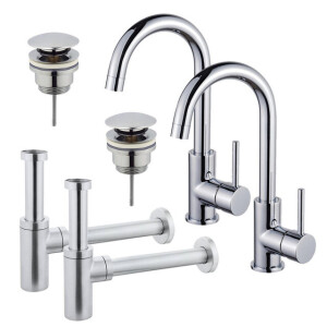 Fortifura Calvi Wastafelkraanset - voor dubbele wastafel - hoge wastafelkraan - draaibare uitloop - klikwaste plug - design sifon - Chroom 2x SW809346/2x SW696203/2x SW696214
