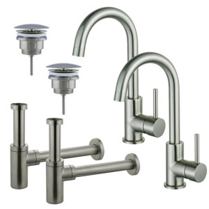Fortifura Calvi Wastafelkraanset - voor dubbele wastafel - hoge wastafelkraan - draaibare uitloop - always open plug - design sifon - Geborsteld RVS PVD (RVS) 2x SW809348/2x SW696207/2x SW696212