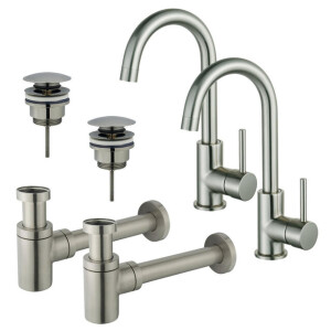 Fortifura Calvi Wastafelkraanset - voor dubbele wastafel - hoge wastafelkraan - draaibare uitloop - klikwaste plug - verlaagde design sifon - Geborsteld RVS PVD (RVS) 2x SW809348/2x SW696201/2x SW696217