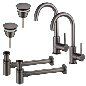 Fortifura Calvi Wastafelkraanset - voor dubbele wastafel - hoge wastafelkraan - draaibare uitloop - always open plug - verlaagde design sifon - Geborsteld Gunmetal PVD 2x SW809350/2x SW769487/2x SW767295