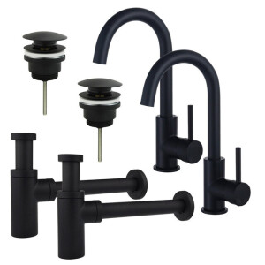 Fortifura Calvi Wastafelkraanset - voor dubbele wastafel - hoge wastafelkraan - draaibare uitloop - klikwaste plug - design sifon - Mat zwart 2x SW809347/2x SW696199/2x SW696210