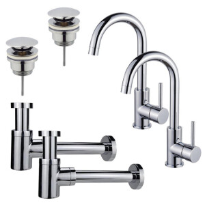 Fortifura Calvi Wastafelkraanset - voor dubbele wastafel - hoge wastafelkraan - draaibare uitloop - klikwaste plug - verlaagde design sifon - Chroom 2x SW809346/2x SW696203/2x SW696219