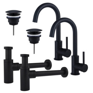 Fortifura Calvi Wastafelkraanset - voor dubbele wastafel - hoge wastafelkraan - draaibare uitloop - always open plug - design sifon - Mat zwart 2x SW809347/2x SW696205/2x SW696210