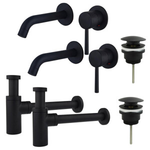 Fortifura Calvi Wastafelkraanset - voor dubbele wastafel - inbouw wastafelkraan - klikwaste plug - design sifon - Mat zwart 2x SW377837/2x SW696199/2x SW696210