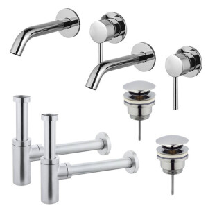 Fortifura Calvi Wastafelkraanset - voor dubbele wastafel - inbouw wastafelkraan - klikwaste plug - design sifon - Chroom 2x SW377814/2x SW696203/2x SW696214