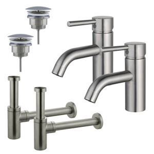 Fortifura Calvi Wastafelkraanset - voor dubbele wastafel - lage wastafelkraan - always open plug - design sifon - Geborsteld RVS PVD (RVS) 2x SW377856/2x SW696207/2x SW696212