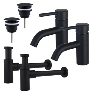 Fortifura Calvi Wastafelkraanset - voor dubbele wastafel - lage wastafelkraan - always open plug - design sifon - Mat zwart 2x SW377833/2x SW696205/2x SW696210