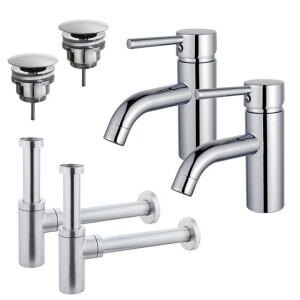 Fortifura Calvi Wastafelkraanset - voor dubbele wastafel - lage wastafelkraan - always open plug - design sifon - Chroom 2x SW377810/2x SW696209/2x SW696214