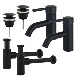 Fortifura Calvi Wastafelkraanset - voor dubbele wastafel - lage wastafelkraan - klikwaste plug - design sifon - Mat zwart 2x SW377833/2x SW696199/2x SW696210