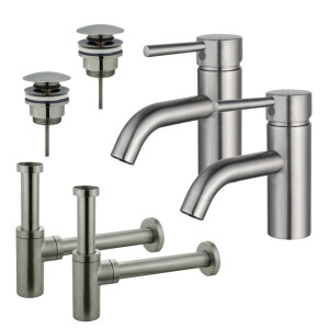 Fortifura Calvi Wastafelkraanset - voor dubbele wastafel - lage wastafelkraan - klikwaste plug - design sifon - Geborsteld RVS PVD (RVS) 2x SW377856/2x SW696201/2x SW696212