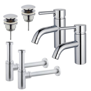 Fortifura Calvi Wastafelkraanset - voor dubbele wastafel - lage wastafelkraan - klikwaste plug - design sifon - Chroom 2x SW377810/2x SW696203/2x SW696214
