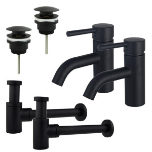 Fortifura Calvi Wastafelkraanset - voor dubbele wastafel - lage wastafelkraan - klikwaste plug - verlaagde design sifon - Mat zwart 2x SW377833/2x SW696199/2x SW696215