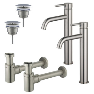 Fortifura Calvi Wastafelkraanset - voor dubbele wastafel - verhoogde wastafelkraan - always open plug - verlaagde design sifon - Geborsteld RVS PVD (RVS) 2x SW377857/2x SW696207/2x SW696217