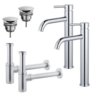 Fortifura Calvi Wastafelkraanset - voor dubbele wastafel - verhoogde wastafelkraan - always open plug - design sifon - Chroom 2x SW377811/2x SW696209/2x SW696214