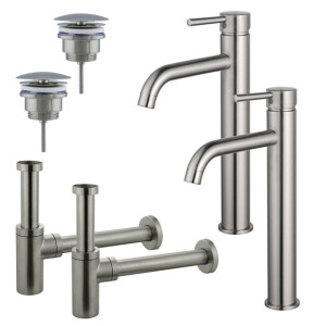 Fortifura Calvi Wastafelkraanset - voor dubbele wastafel - verhoogde wastafelkraan - always open plug - design sifon - Geborsteld RVS PVD (RVS) 2x SW377857/2x SW696207/2x SW696212