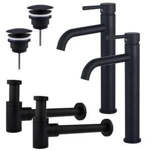Fortifura Calvi Wastafelkraanset - voor dubbele wastafel - verhoogde wastafelkraan - always open plug - verlaagde design sifon - Mat zwart 2x SW377834/2x SW696205/2x SW696215