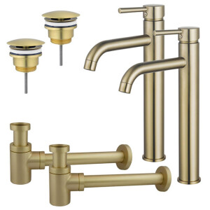 Fortifura Calvi Wastafelkraanset - voor dubbele wastafel - verhoogde wastafelkraan - always open plug - verlaagde design sifon - Geborsteld Messing PVD (Goud) 2x SW720549/2x SW696208/2x SW696218