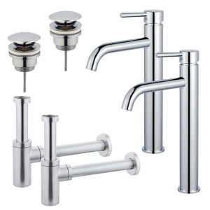 Fortifura Calvi Wastafelkraanset - voor dubbele wastafel - verhoogde wastafelkraan - klikwaste plug - design sifon - Chroom 2x SW377811/2x SW696203/2x SW696214
