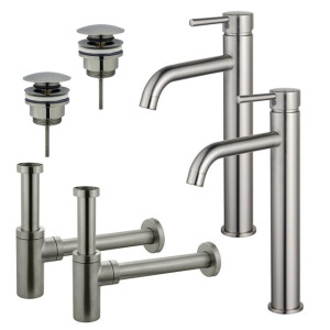 Fortifura Calvi Wastafelkraanset - voor dubbele wastafel - verhoogde wastafelkraan - klikwaste plug - design sifon - Geborsteld RVS PVD (RVS) 2x SW377857/2x SW696201/2x SW696212