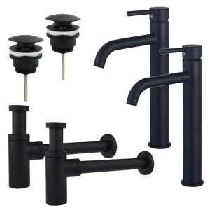 Fortifura Calvi Wastafelkraanset - voor dubbele wastafel - verhoogde wastafelkraan - klikwaste plug - design sifon - Mat zwart 2x SW377834/2x SW696199/2x SW696210