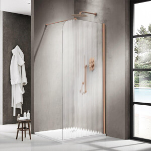 Fortifura Galeria Inloopdouche - 110x200cm - afgeronde glaswand - rechts - ribbel glas - wandarm - geborsteld koper PVD SW1421077/SW876702