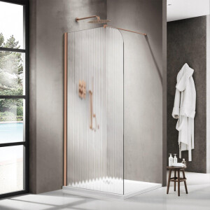 Fortifura Galeria Inloopdouche - 120x200cm - afgeronde glaswand - links - ribbel glas - wandarm - geborsteld koper PVD SW1418372/SW876702