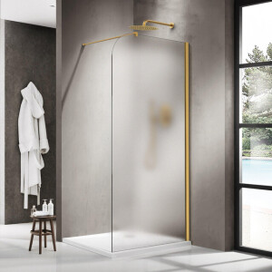 Fortifura Galeria Inloopdouche - 140x200cm - afgeronde glaswand - rechts - mat glas - wandarm - geborsteld messing PVD (Goud) SW1421084/SW797910