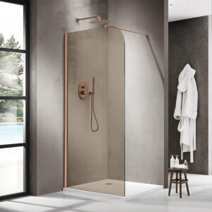 Fortifura Galeria Inloopdouche - 140x200cm - afgeronde glaswand - rook glas - wandarm - geborsteld koper PVD SW1418368/SW876702