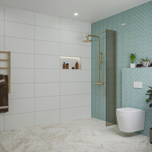 Fortifura Galeria inloopdouche - 30x200cm - rookglas - wandarm - Geborsteld Messing PVD (Goud) SW797930/SW797910