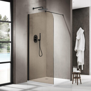 Fortifura Galeria Inloopdouche - 90x200cm - afgeronde glaswand - rook glas - wandarm - mat zwart SW1418364/SW797905