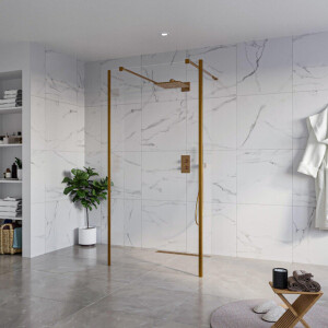 Fortifura Galeria Vrijstaande Inloopdouche - 100x200cm - Helder - antikalk - 8mm veiligheidsglas - 2 zijwanden 30cm - wandsteunen en hoekprofielen - Geborsteld koper PVD (Koper) SW927772 2x/SW797915/SW797909 2x/SW876703 2x