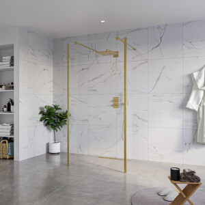 Fortifura Galeria Vrijstaande Inloopdouche - 100x200cm - Helder - antikalk - 8mm veiligheidsglas - 2 zijwanden 30cm - wandsteunen en hoekprofielen - Geborsteld Messing PVD (Goud) SW927770 2x/SW797915/SW797909 2x/SW798731 2x